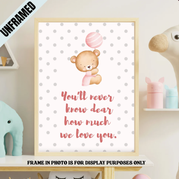 Pink Bear Balloon Baby Girl Nursery Poster
